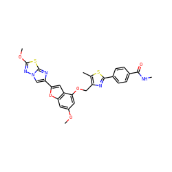 CNC(=O)c1ccc(-c2nc(COc3cc(OC)cc4oc(-c5cn6nc(OC)sc6n5)cc34)c(C)s2)cc1 ZINC000205683180