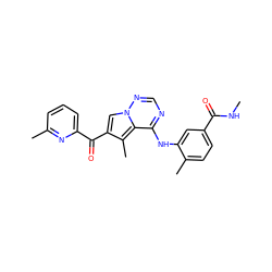 CNC(=O)c1ccc(C)c(Nc2ncnn3cc(C(=O)c4cccc(C)n4)c(C)c23)c1 ZINC000003819151