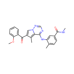 CNC(=O)c1ccc(C)c(Nc2ncnn3cc(C(=O)c4ccccc4OC)c(C)c23)c1 ZINC000072177228