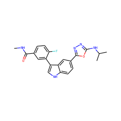 CNC(=O)c1ccc(F)c(-c2c[nH]c3ccc(-c4nnc(NC(C)C)o4)cc23)c1 ZINC000204756792