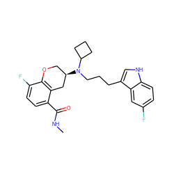 CNC(=O)c1ccc(F)c2c1C[C@H](N(CCCc1c[nH]c3ccc(F)cc13)C1CCC1)CO2 ZINC000040943312