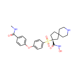 CNC(=O)c1ccc(Oc2ccc(S(=O)(=O)[C@]3(C(=O)NO)CCC4(CCNCC4)C3)cc2)cc1 ZINC000211183418