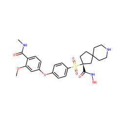 CNC(=O)c1ccc(Oc2ccc(S(=O)(=O)[C@]3(C(=O)NO)CCC4(CCNCC4)C3)cc2)cc1OC ZINC000299866751