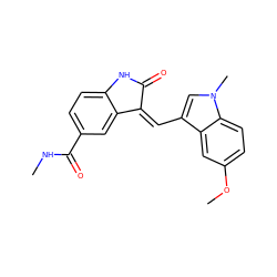 CNC(=O)c1ccc2c(c1)/C(=C/c1cn(C)c3ccc(OC)cc13)C(=O)N2 ZINC000013538992