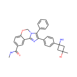 CNC(=O)c1ccc2c(c1)-c1nc(-c3ccc(C4(N)CC(C)(O)C4)cc3)c(-c3ccccc3)n1CO2 ZINC000169703903