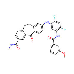 CNC(=O)c1ccc2c(c1)C(=O)c1ccc(Nc3cc(NC(=O)c4cccc(OC)c4)c(F)cc3F)cc1CC2 ZINC001772623480