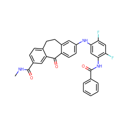 CNC(=O)c1ccc2c(c1)C(=O)c1ccc(Nc3cc(NC(=O)c4ccccc4)c(F)cc3F)cc1CC2 ZINC001772626039