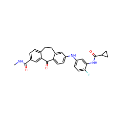 CNC(=O)c1ccc2c(c1)C(=O)c1ccc(Nc3ccc(F)c(NC(=O)C4CC4)c3)cc1CC2 ZINC001772579878