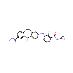 CNC(=O)c1ccc2c(c1)C(=O)c1ccc(Nc3cccc(C(=O)NC4CC4)c3F)cc1CC2 ZINC001772654185