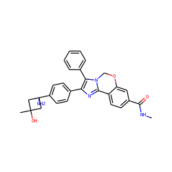 CNC(=O)c1ccc2c(c1)OCn1c-2nc(-c2ccc(C3(N)CC(C)(O)C3)cc2)c1-c1ccccc1 ZINC000169703907