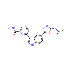 CNC(=O)c1cccc(-c2c[nH]c3ccc(-c4nnc(NC(C)C)o4)cc23)n1 ZINC000204779426