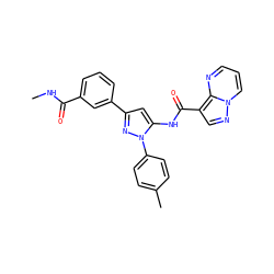 CNC(=O)c1cccc(-c2cc(NC(=O)c3cnn4cccnc34)n(-c3ccc(C)cc3)n2)c1 ZINC000145899834