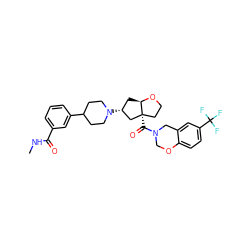 CNC(=O)c1cccc(C2CCN([C@@H]3C[C@H]4OCC[C@@]4(C(=O)N4COc5ccc(C(F)(F)F)cc5C4)C3)CC2)c1 ZINC000169334926