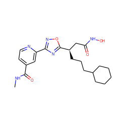 CNC(=O)c1ccnc(-c2noc([C@H](CCCC3CCCCC3)CC(=O)NO)n2)c1 ZINC000028701820