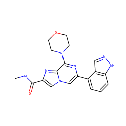 CNC(=O)c1cn2cc(-c3cccc4[nH]ncc34)nc(N3CCOCC3)c2n1 ZINC000073315567