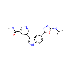 CNC(=O)c1cncc(-c2c[nH]c3ccc(-c4nnc(NC(C)C)o4)cc23)c1 ZINC000204752929