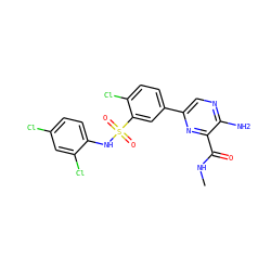 CNC(=O)c1nc(-c2ccc(Cl)c(S(=O)(=O)Nc3ccc(Cl)cc3Cl)c2)cnc1N ZINC000095576682