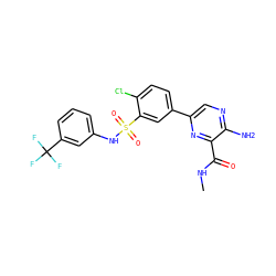 CNC(=O)c1nc(-c2ccc(Cl)c(S(=O)(=O)Nc3cccc(C(F)(F)F)c3)c2)cnc1N ZINC000095572980