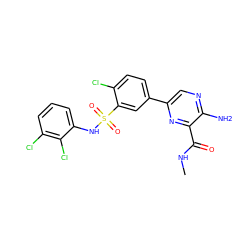 CNC(=O)c1nc(-c2ccc(Cl)c(S(=O)(=O)Nc3cccc(Cl)c3Cl)c2)cnc1N ZINC000095574089