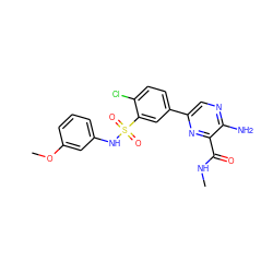 CNC(=O)c1nc(-c2ccc(Cl)c(S(=O)(=O)Nc3cccc(OC)c3)c2)cnc1N ZINC000095577741