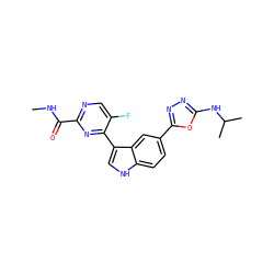 CNC(=O)c1ncc(F)c(-c2c[nH]c3ccc(-c4nnc(NC(C)C)o4)cc23)n1 ZINC001772629937