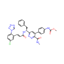 CNC(=O)c1nnc([C@H](Cc2ccccc2)NC(=O)/C=C/c2cc(Cl)ccc2-n2cnnn2)cc1-c1ccc(NC(=O)OC)cc1 ZINC000164468902