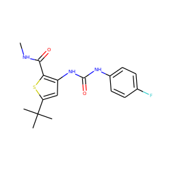 CNC(=O)c1sc(C(C)(C)C)cc1NC(=O)Nc1ccc(F)cc1 ZINC000028223470