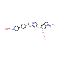 CNC(=O)n1ccc2cc(Oc3ccnc(NC(=O)c4ccc(C5CCN(CCO)CC5)cc4)c3)c(OCCOC)cc21 ZINC000169711512