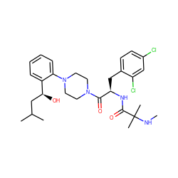 CNC(C)(C)C(=O)N[C@H](Cc1ccc(Cl)cc1Cl)C(=O)N1CCN(c2ccccc2[C@@H](O)CC(C)C)CC1 ZINC000044417627