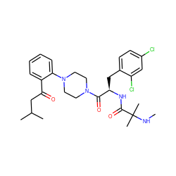 CNC(C)(C)C(=O)N[C@H](Cc1ccc(Cl)cc1Cl)C(=O)N1CCN(c2ccccc2C(=O)CC(C)C)CC1 ZINC000044406806