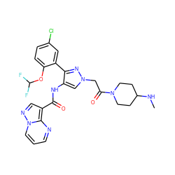 CNC1CCN(C(=O)Cn2cc(NC(=O)c3cnn4cccnc34)c(-c3cc(Cl)ccc3OC(F)F)n2)CC1 ZINC001772657411