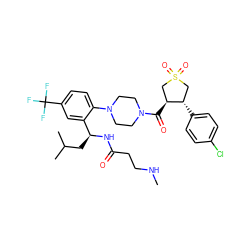 CNCCC(=O)N[C@@H](CC(C)C)c1cc(C(F)(F)F)ccc1N1CCN(C(=O)[C@H]2CS(=O)(=O)C[C@@H]2c2ccc(Cl)cc2)CC1 ZINC000029039314