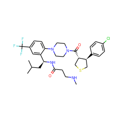 CNCCC(=O)N[C@@H](CC(C)C)c1cc(C(F)(F)F)ccc1N1CCN(C(=O)[C@H]2CSC[C@@H]2c2ccc(Cl)cc2)CC1 ZINC000029039284