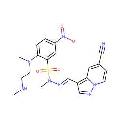 CNCCN(C)c1ccc([N+](=O)[O-])cc1S(=O)(=O)N(C)/N=C/c1cnn2ccc(C#N)cc12 ZINC000147819956