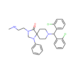 CNCCN1CN(c2ccccc2)C2(CCN(C(c3ccccc3Cl)c3ccccc3Cl)CC2)C1=O ZINC000040409031