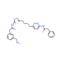 CNCc1cccc(CC(=O)Nc2nnc(CCCCc3ccc(NC(=O)Cc4ccccc4)nn3)s2)c1 ZINC000169698306