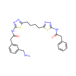 CNCc1cccc(CC(=O)Nc2nnc(CCCCc3nnc(NC(=O)Cc4ccccc4)s3)s2)c1 ZINC000169698290