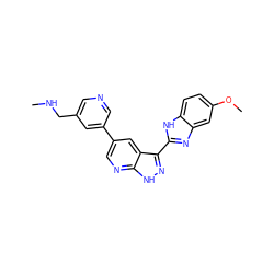 CNCc1cncc(-c2cnc3[nH]nc(-c4nc5cc(OC)ccc5[nH]4)c3c2)c1 ZINC000072176791