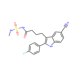 CNS(=O)(=O)NC(=O)CCCc1c(-c2ccc(F)cc2)[nH]c2ccc(C#N)cc12 ZINC000029041443