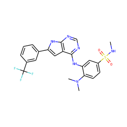 CNS(=O)(=O)c1ccc(N(C)C)c(Nc2ncnc3[nH]c(-c4cccc(C(F)(F)F)c4)cc23)c1 ZINC000199025242