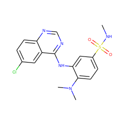 CNS(=O)(=O)c1ccc(N(C)C)c(Nc2ncnc3ccc(Cl)cc23)c1 ZINC000165922774