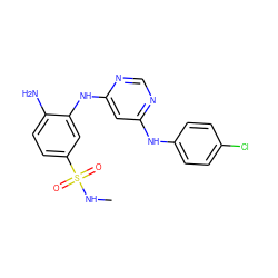 CNS(=O)(=O)c1ccc(N)c(Nc2cc(Nc3ccc(Cl)cc3)ncn2)c1 ZINC000198446008