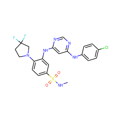 CNS(=O)(=O)c1ccc(N2CCC(F)(F)C2)c(Nc2cc(Nc3ccc(Cl)cc3)ncn2)c1 ZINC000205061005