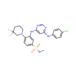 CNS(=O)(=O)c1ccc(N2CCCC(F)(F)C2)c(Nc2cc(Nc3ccc(Cl)cc3)ncn2)c1 ZINC000204187717