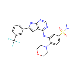 CNS(=O)(=O)c1ccc(N2CCOCC2)c(Nc2ncnc3[nH]c(-c4cccc(C(F)(F)F)c4)cc23)c1 ZINC000199024793