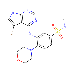 CNS(=O)(=O)c1ccc(N2CCOCC2)c(Nc2ncnc3[nH]cc(Br)c23)c1 ZINC000204875545