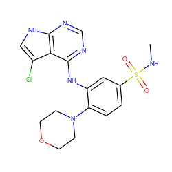 CNS(=O)(=O)c1ccc(N2CCOCC2)c(Nc2ncnc3[nH]cc(Cl)c23)c1 ZINC000204911638