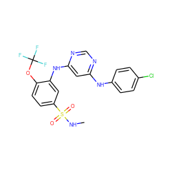 CNS(=O)(=O)c1ccc(OC(F)(F)F)c(Nc2cc(Nc3ccc(Cl)cc3)ncn2)c1 ZINC000204186413