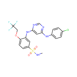 CNS(=O)(=O)c1ccc(OCC(F)(F)F)c(Nc2cc(Nc3ccc(Cl)cc3)ncn2)c1 ZINC000198443605