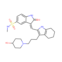 CNS(=O)(=O)c1ccc2c(c1)/C(=C/c1[nH]c3c(c1CCCN1CCC(O)CC1)CCCC3)C(=O)N2 ZINC000013588492